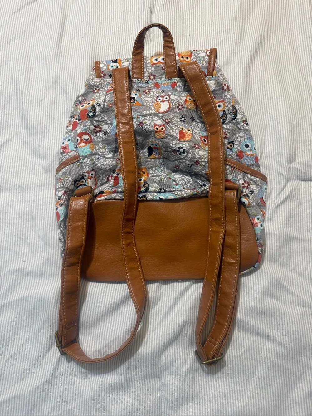 Unionbay Gray Owl Print Backpack with Brown Vegan Leather Trim